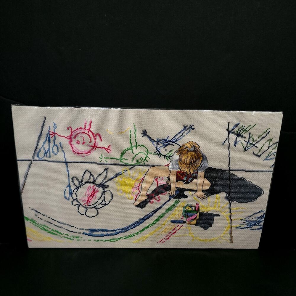 Handmade Cross Stitch Girl Chalk Art Sidewalk Drawing Needlework Unframed